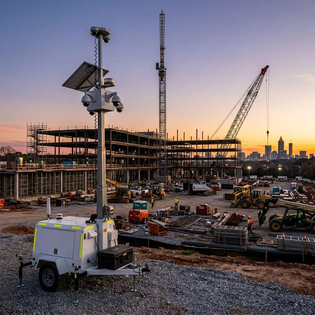 Mobile surveillance trailer with camera mast at construction site