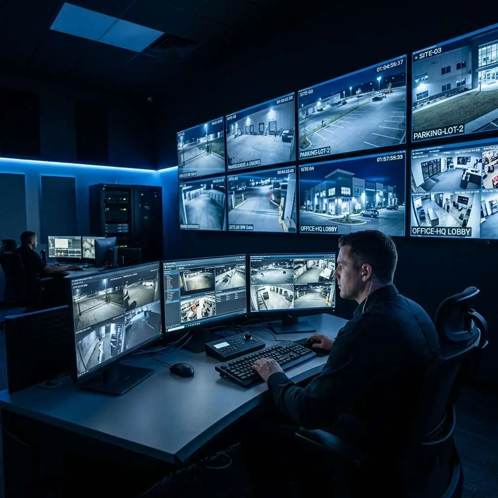 A man sits at a workstation with multiple computer monitors displaying live surveillance feeds. The room is dimly lit, featuring large screens mounted on the wall showing various camera angles of a facility's parking and lobby areas.