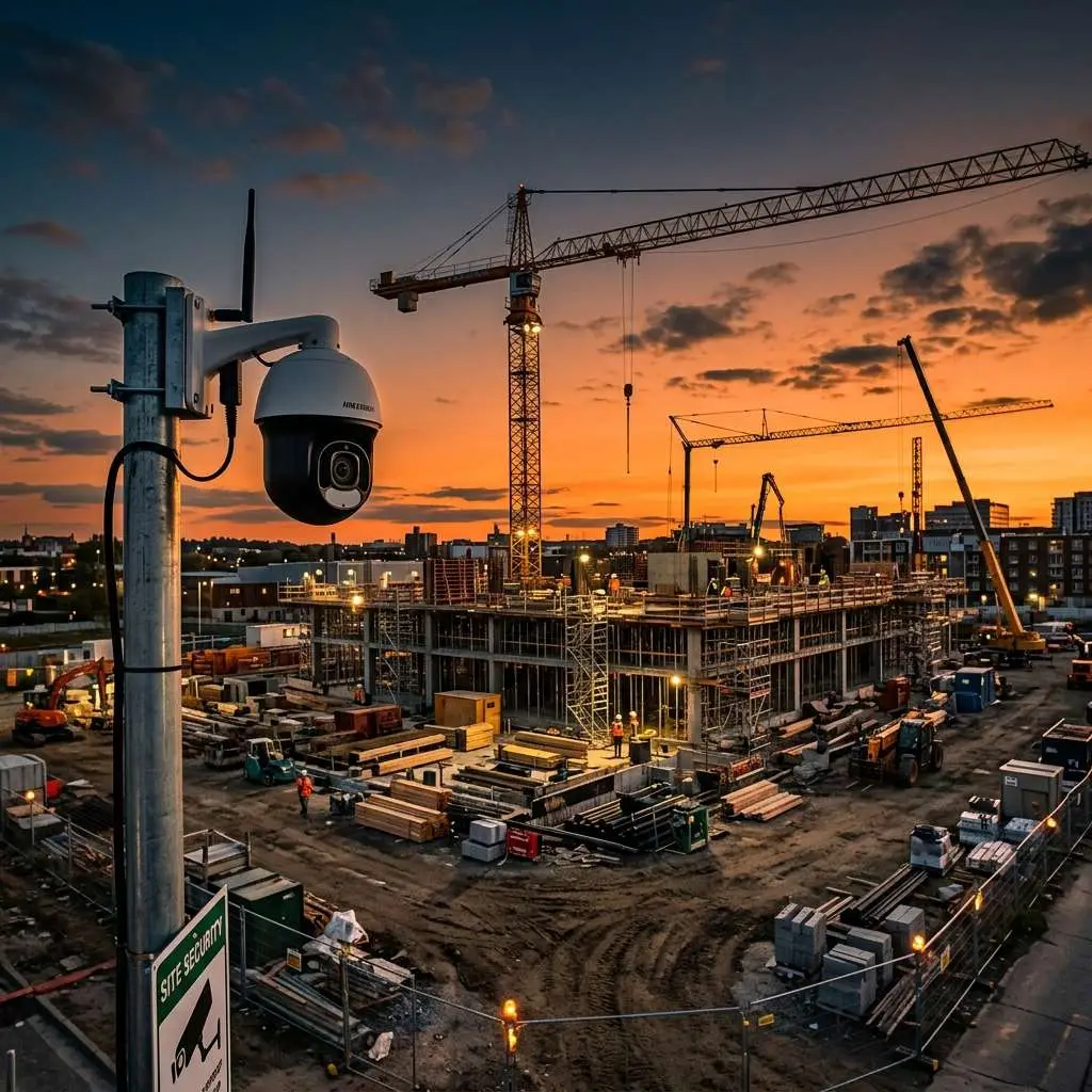 A construction site is illuminated by sunset, featuring cranes and various equipment. In the foreground, a security camera is mounted on a pole, while materials and machinery are scattered throughout the site.