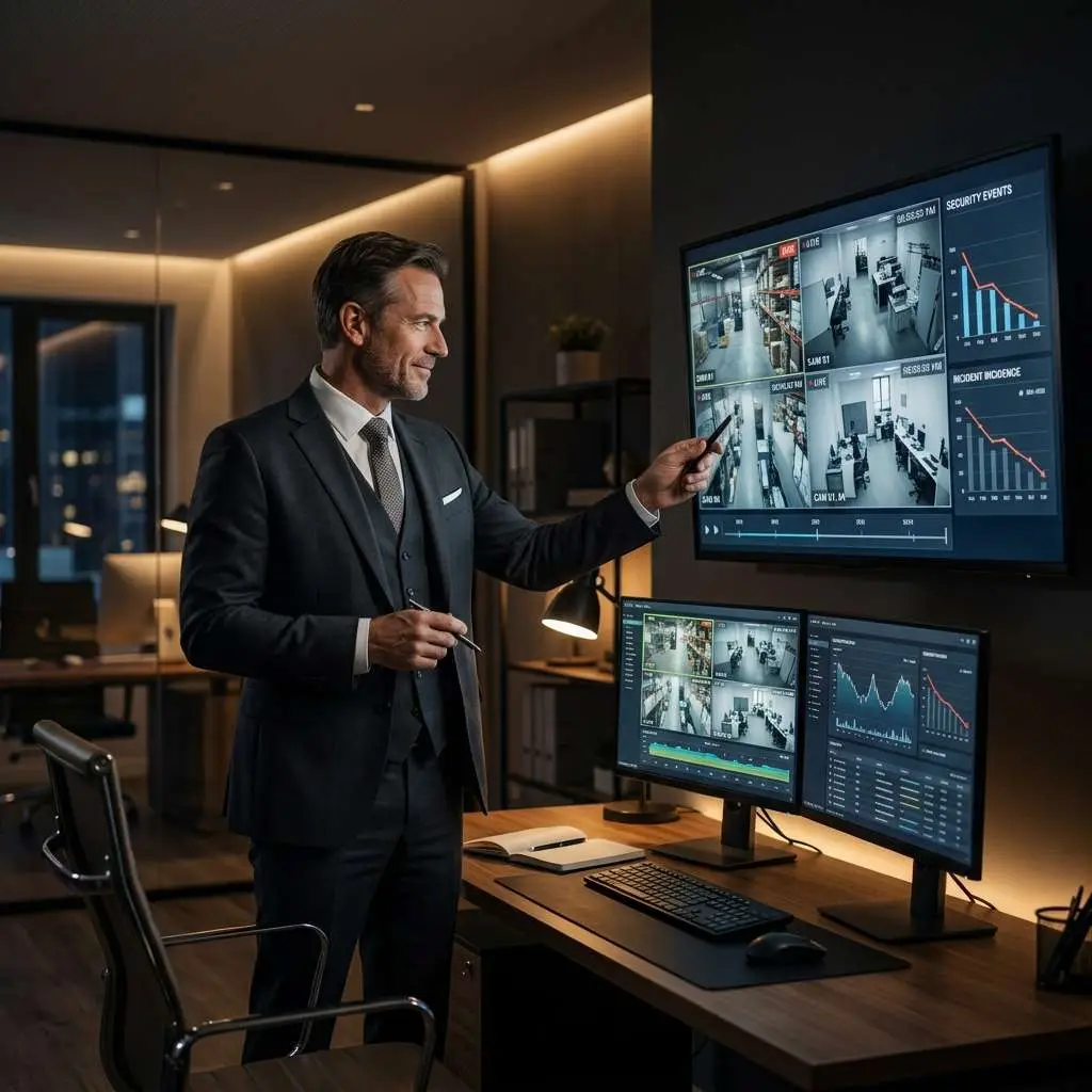 A man in a dark suit stands in an office environment, pointing at a large screen displaying security camera footage with graphs and data metrics. Two additional monitors on the desk show various analytical data and video feeds.