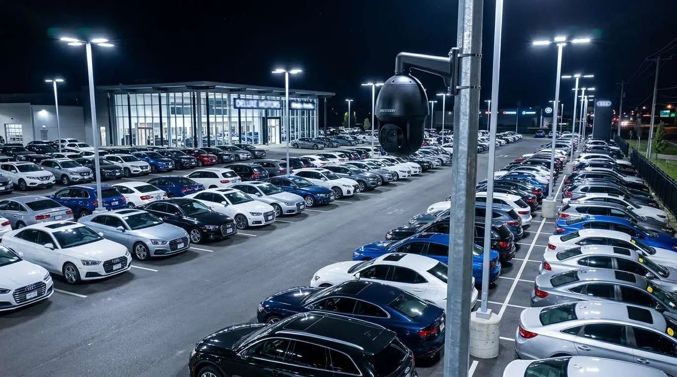 A nighttime view of a car dealership parking lot filled with various vehicles, including white, black, and blue cars. Bright LED lights illuminate the area, showcasing the dealership building in the background.