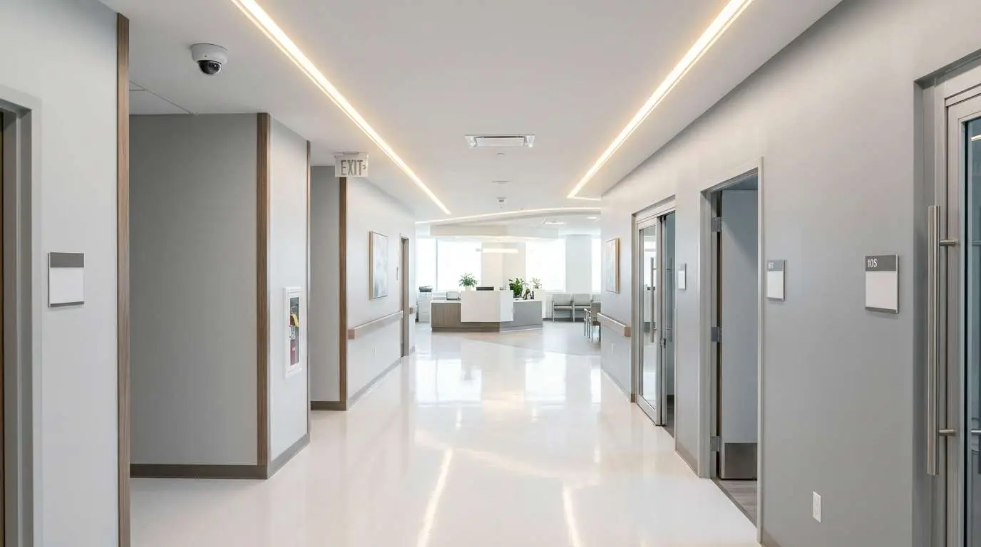 A wide hospital hallway featuring smooth white floors and gray walls, with recessed lighting along the ceiling. On the left, several closed doors are visible, and at the far end, a reception area with plants is seen under large windows.