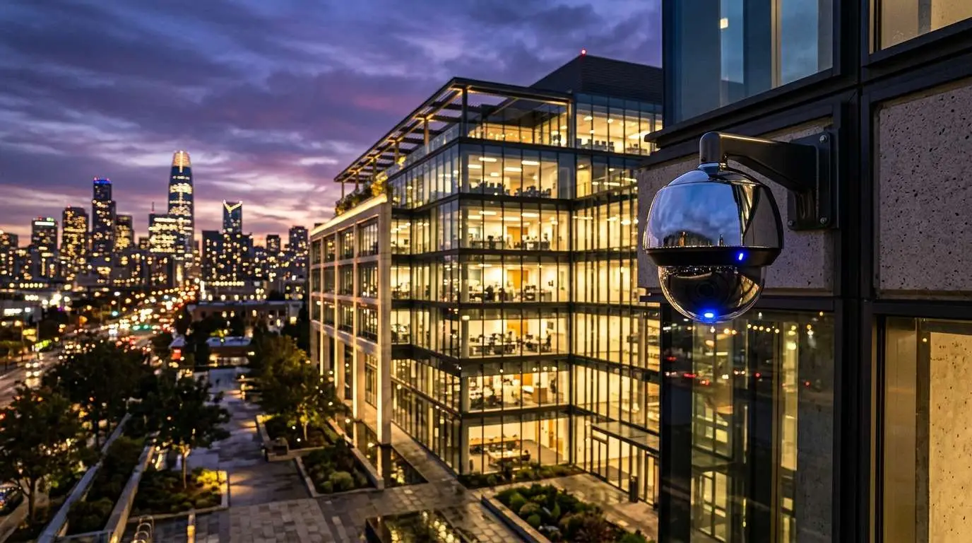 A modern building with large glass windows reflects the city skyline at dusk. A surveillance camera mounted on the building's corner captures the view, while city lights illuminate the surrounding area, with skyscrapers in the background.